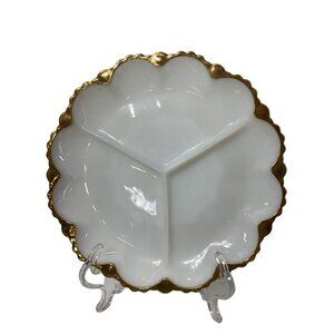 Anchor Hocking Fire King White Milk Glass Relish Dish  Scalloped Edge Divided